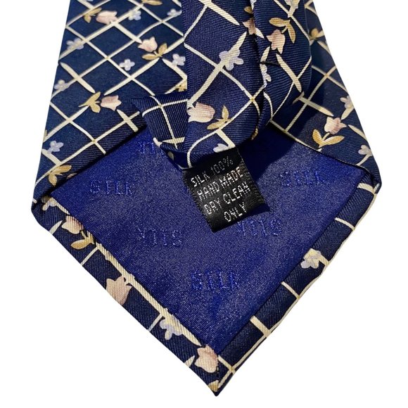 FREE LAND Dark Blue Checked & Floral Print 100% Silk Tie | 57" | Vintage, Men's - Picture 6 of 6